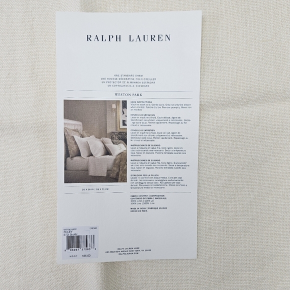 Ralph Lauren Standard Sham Foley Cream Linen 20 x 28 Neutral Natural Bedding - Picture 3 of 13